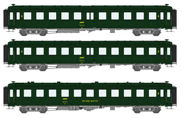 REE Modeles VB-374 - French SNCF Set of three BACALAN coaches boxed yellow logo (2 x 2nd classe B11 + 1 x Buffet B3r) SN